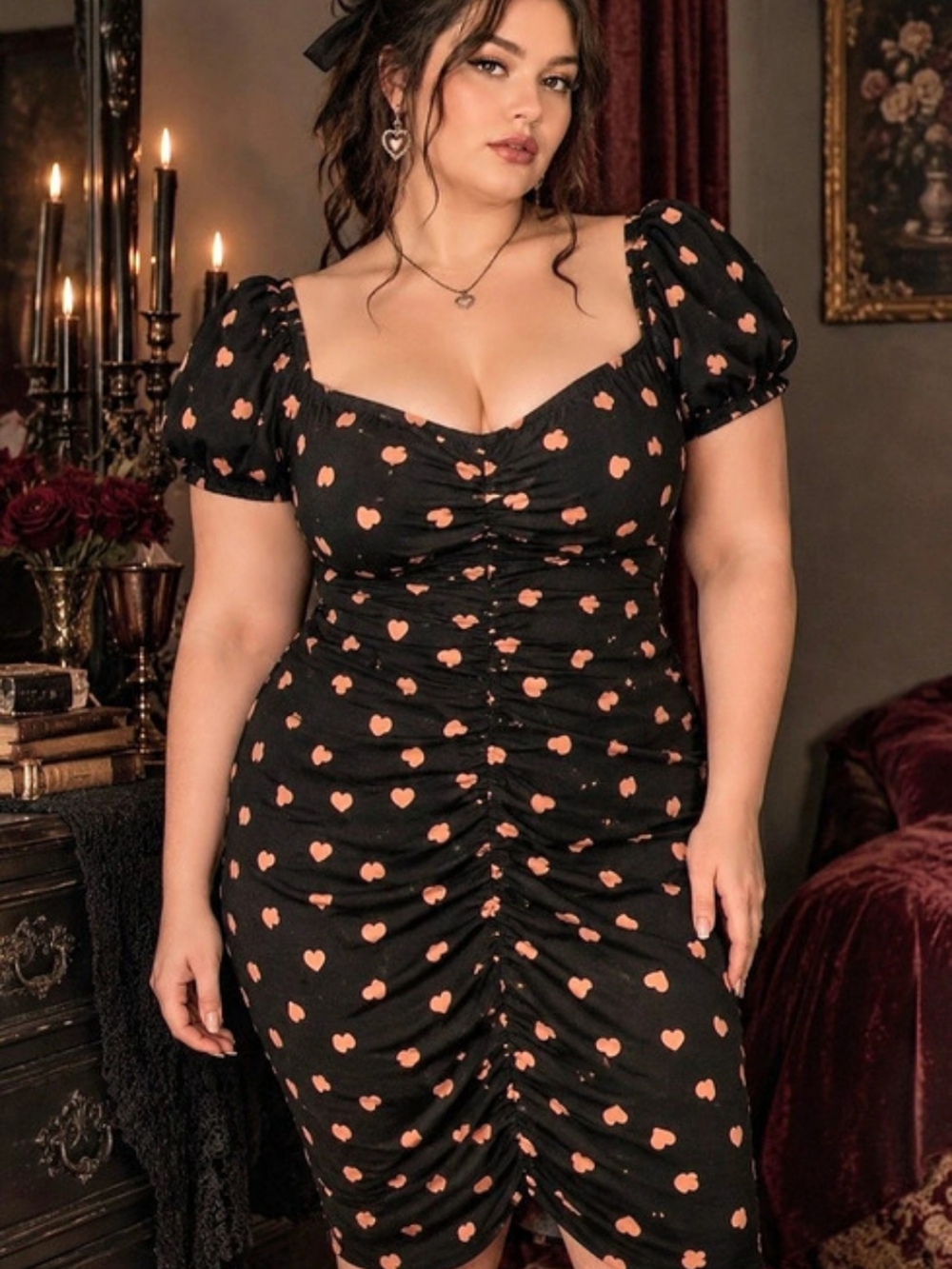 SHEIN Curve 1XL Black Hearts Print Ruched Bodycon Dress Puff Sleeves Romantic